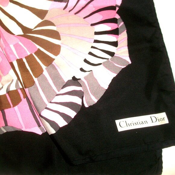 Vintage Christian Dior Square Navy, Gray, Pink & Brown Scarf/Wrap w Front Logo - Picture 1 of 4